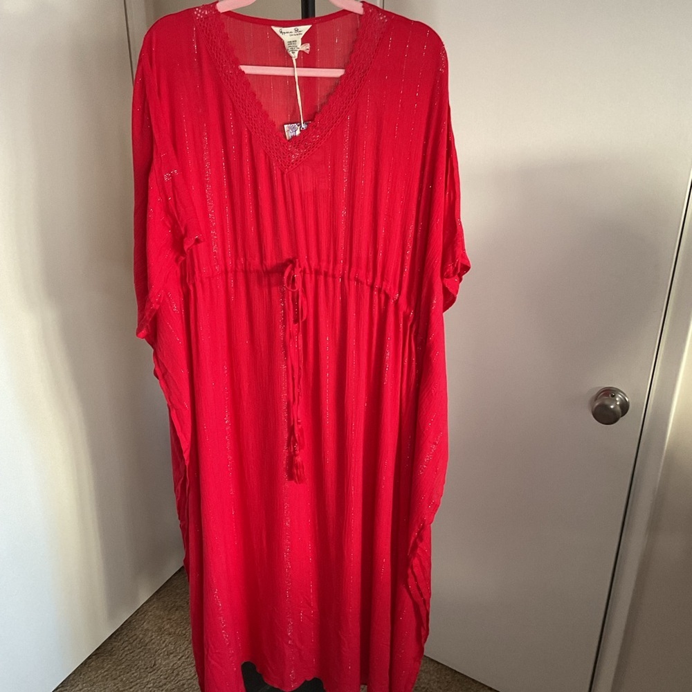 Gypsie Blu Red Rayon Kaftan Maxi Dress OS Plus Lurex Stripe Boho Vacation - Picture 2 of 7